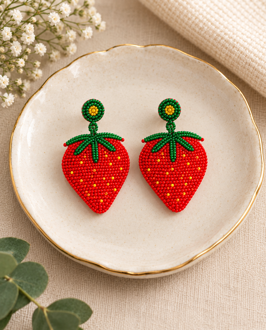 Red Strawberry Beaded Statement Earrings